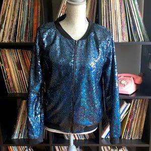 Blue Sequin Bomber Jacket